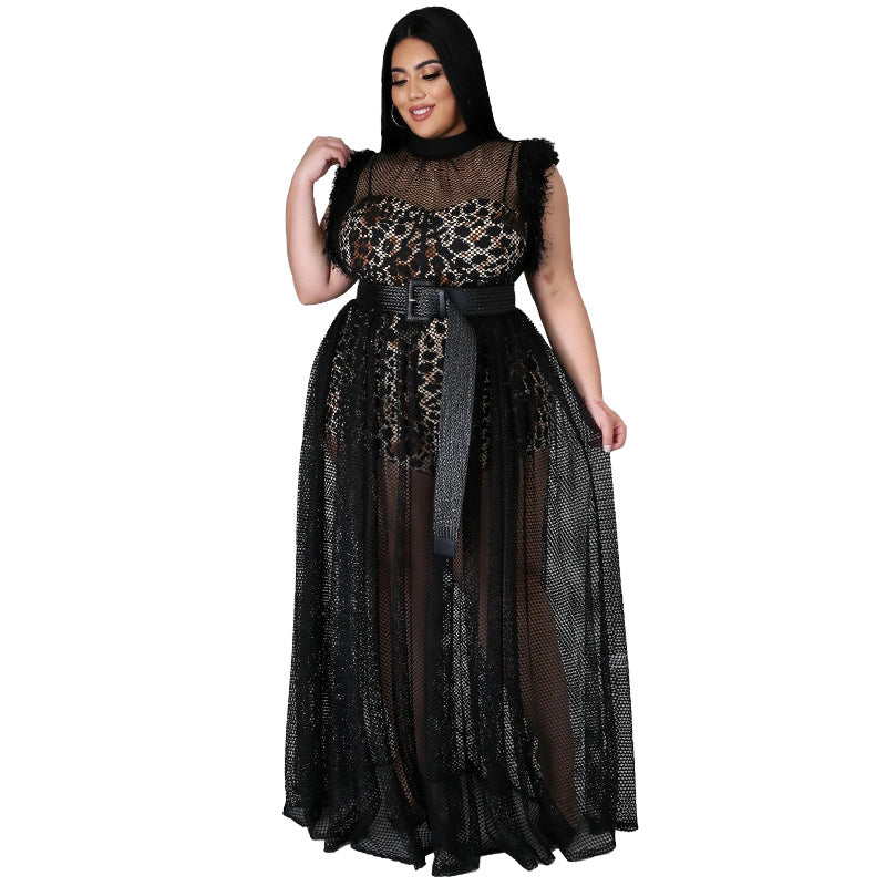 Women's Temperament Sheer Mesh Dress Two-piece Suit