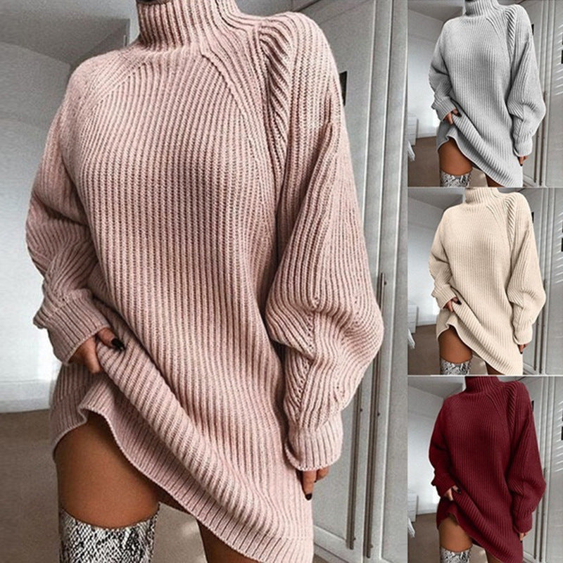 Solid Turtleneck Long Winter Sweater Dress