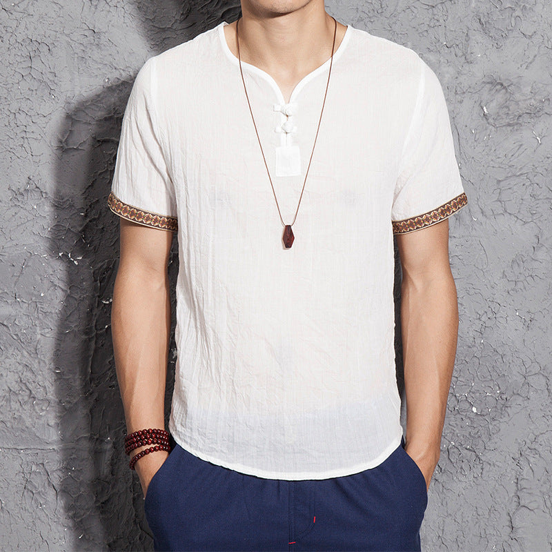 Chinese style embroidery buckle short sleeve men's cotton and linen T-shirt