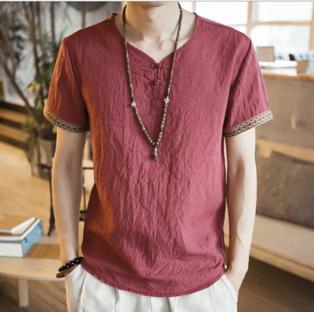 Chinese style embroidery buckle short sleeve men's cotton and linen T-shirt