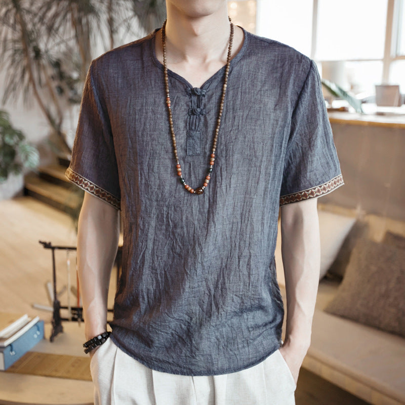Chinese style embroidery buckle short sleeve men's cotton and linen T-shirt