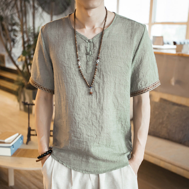 Chinese style embroidery buckle short sleeve men's cotton and linen T-shirt