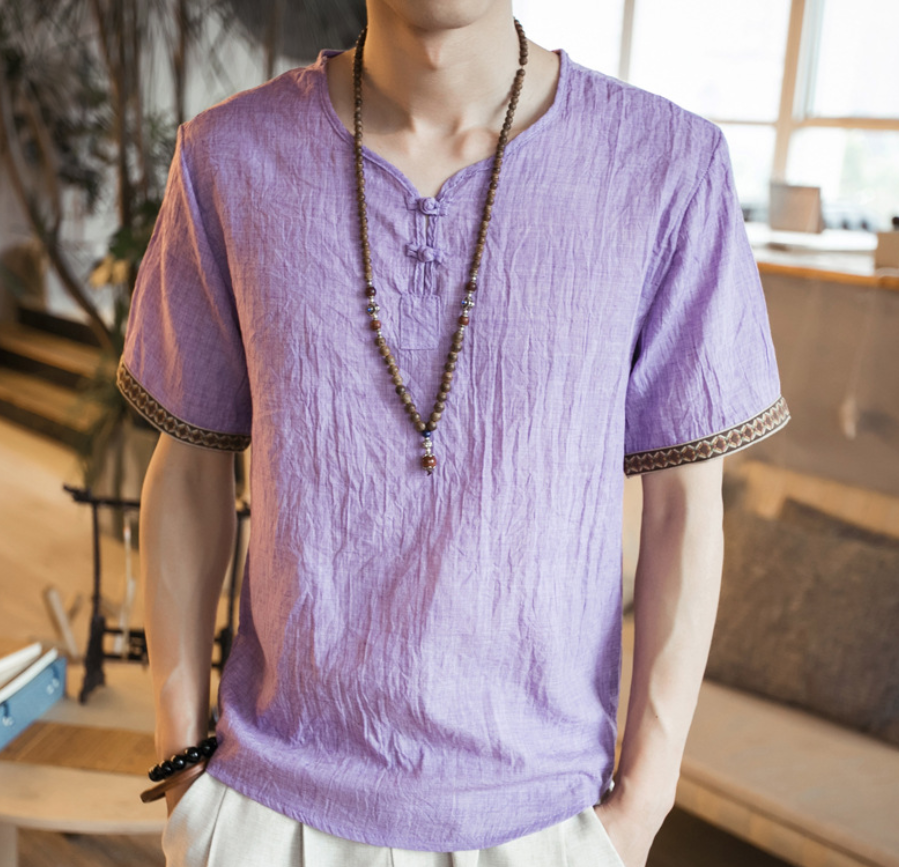 Chinese style embroidery buckle short sleeve men's cotton and linen T-shirt