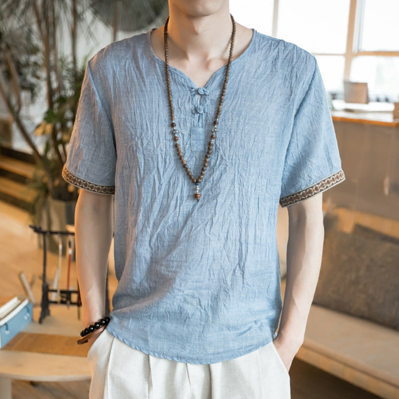 Chinese style embroidery buckle short sleeve men's cotton and linen T-shirt
