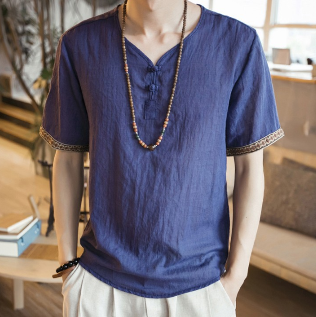 Chinese style embroidery buckle short sleeve men's cotton and linen T-shirt