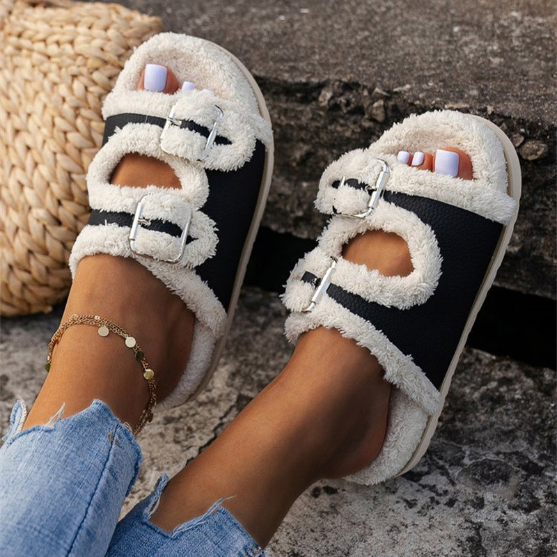 Women Thick Sole Buckle Lamb wool Slippers
