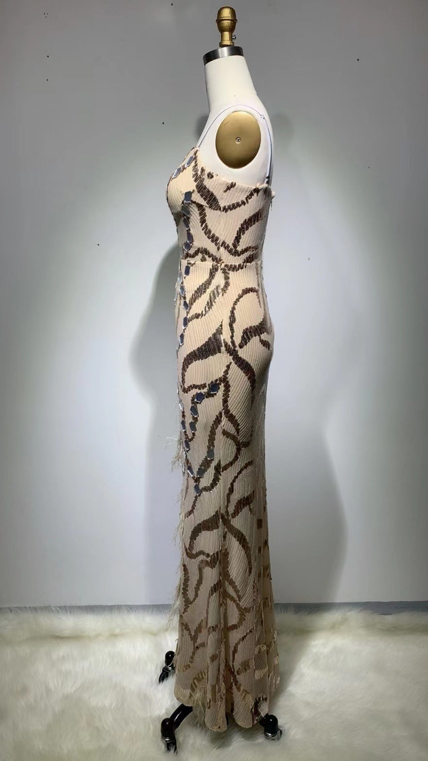 Backless Elegant Sequined Tight Split Feather Dress