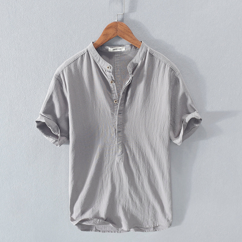 Men's Stand Collar Ice Silk Linen Short Sleeve T-shirt