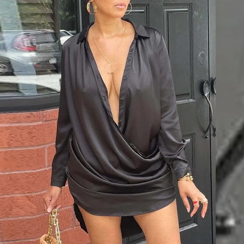2022 Women Lapel Pile Neck Single Breasted Pullover Satin Midi Bodycon
