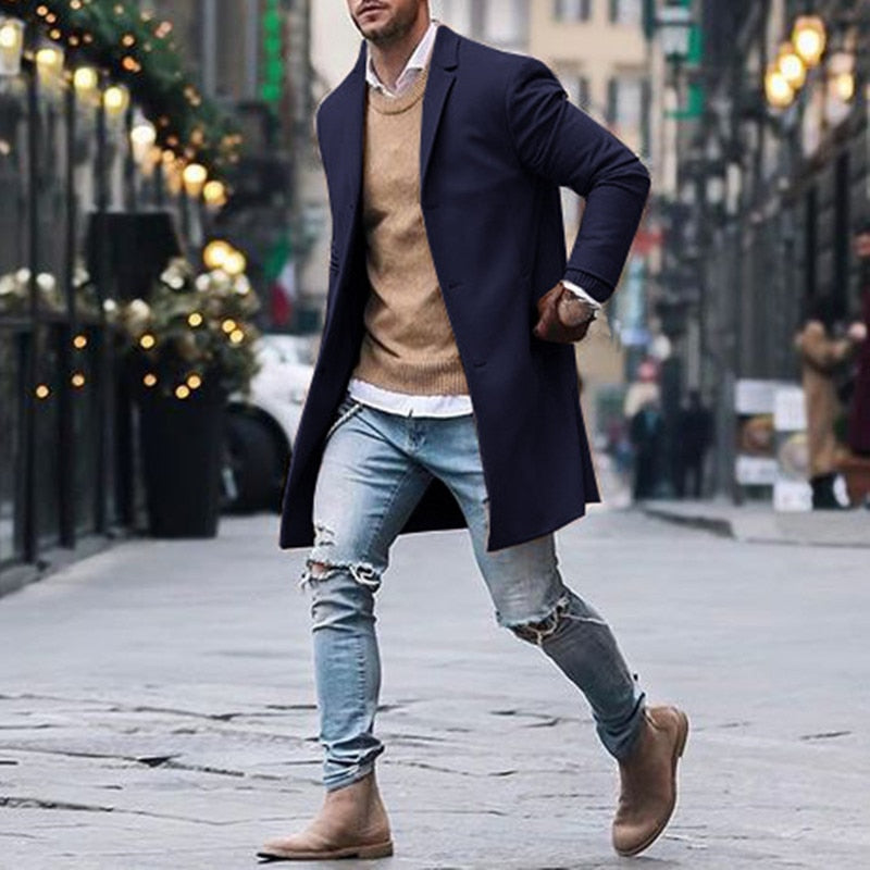 Men's Trench Long Solid Slim Fit Jackets