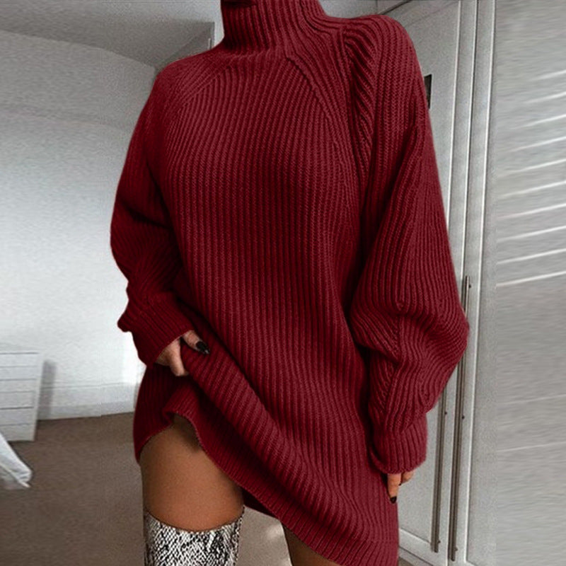 Solid Turtleneck Long Winter Sweater Dress