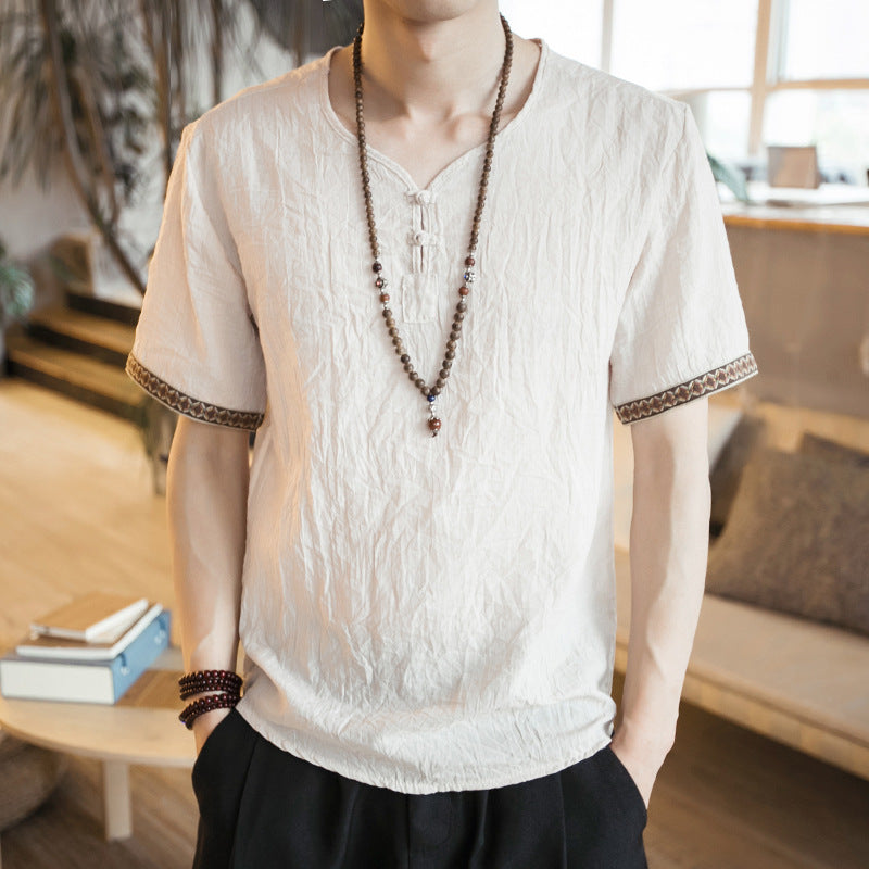 Chinese style embroidery buckle short sleeve men's cotton and linen T-shirt