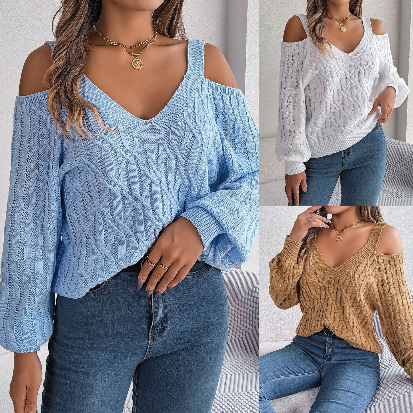 Twist Off-the-shoulder Lantern Sleeve Sweater