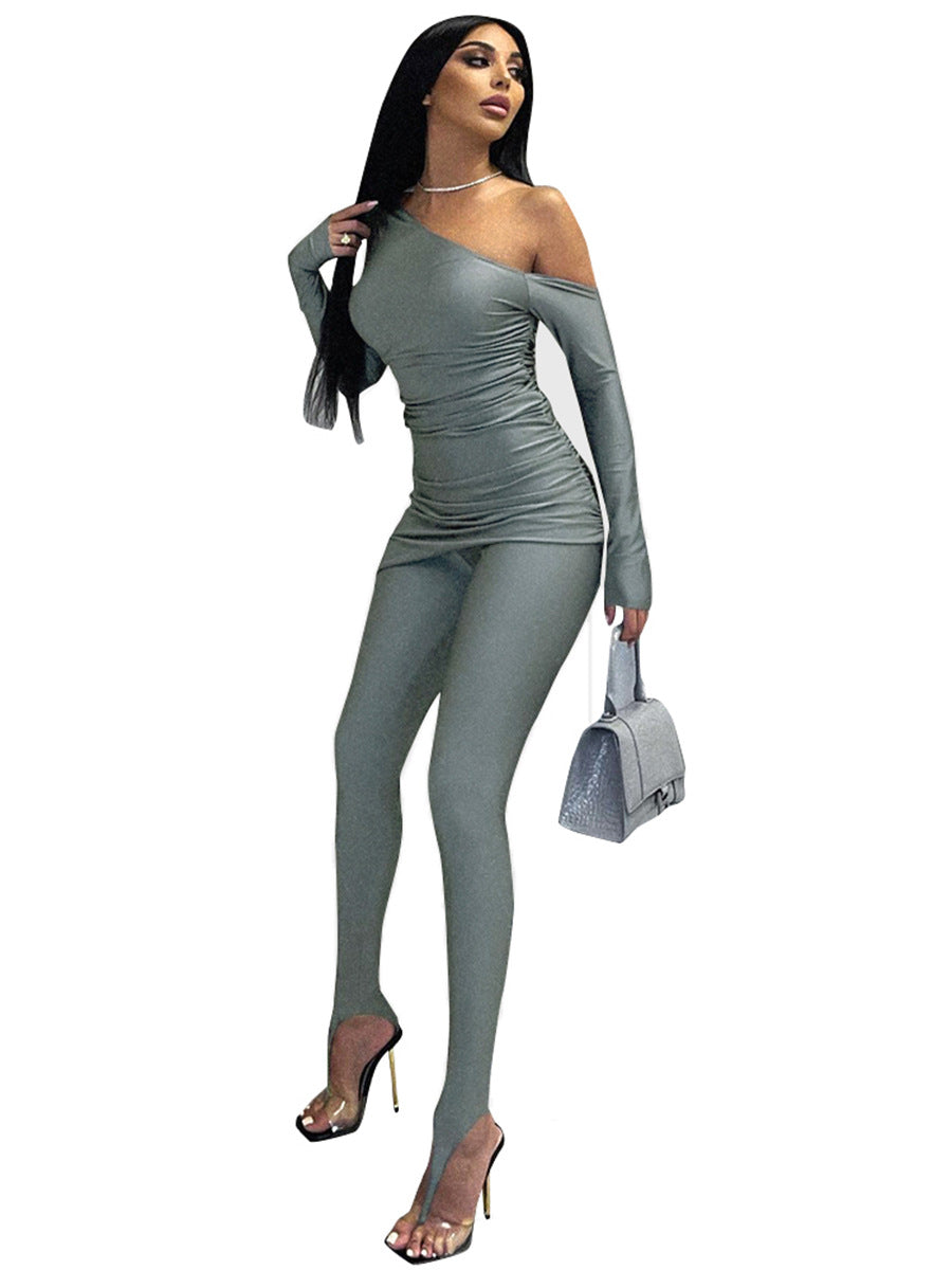 Solid Color One-shoulder Long Sleeve Tight Top Casual Trousers Suit