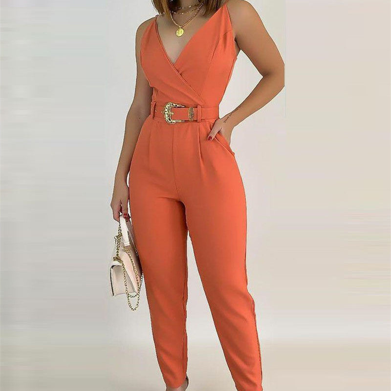 Women's Fashion Hundred V-Neck Tie Slimming Jumpsuit