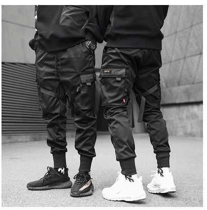 Men Black Cargo Elastic Waist Jogger Trousers Pants