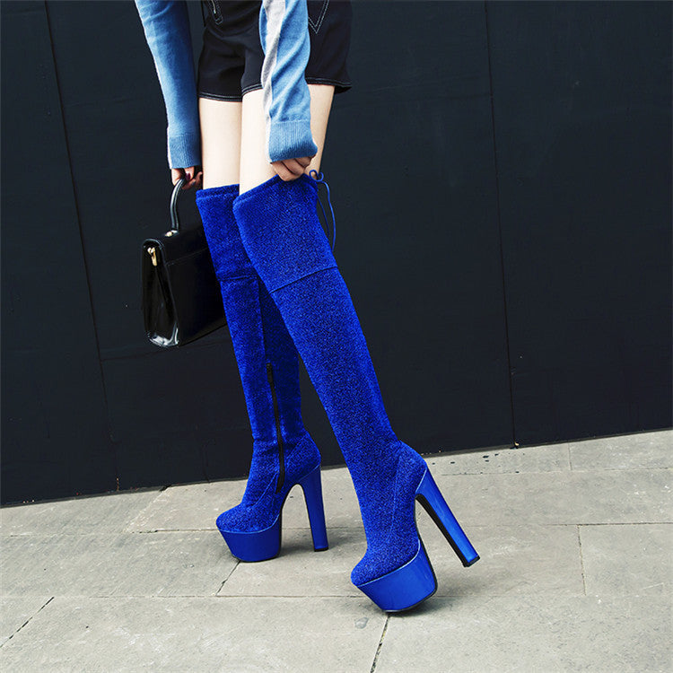 Women Thigh High Sequined Cloth Long Boots