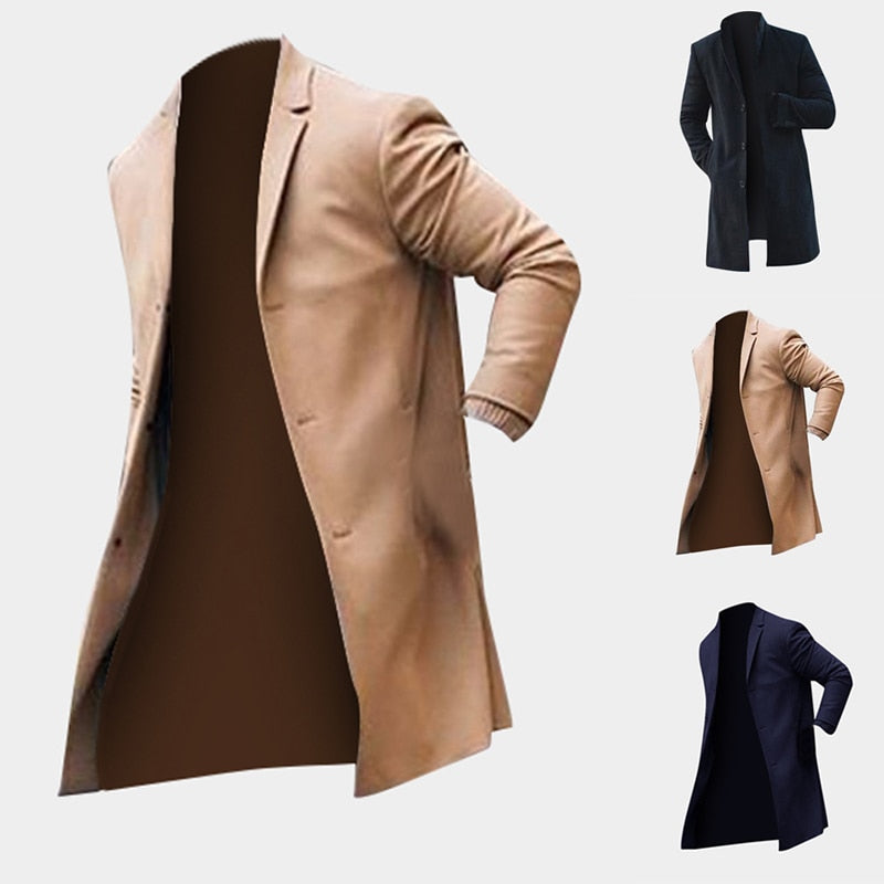 Men's Trench Long Solid Slim Fit Jackets