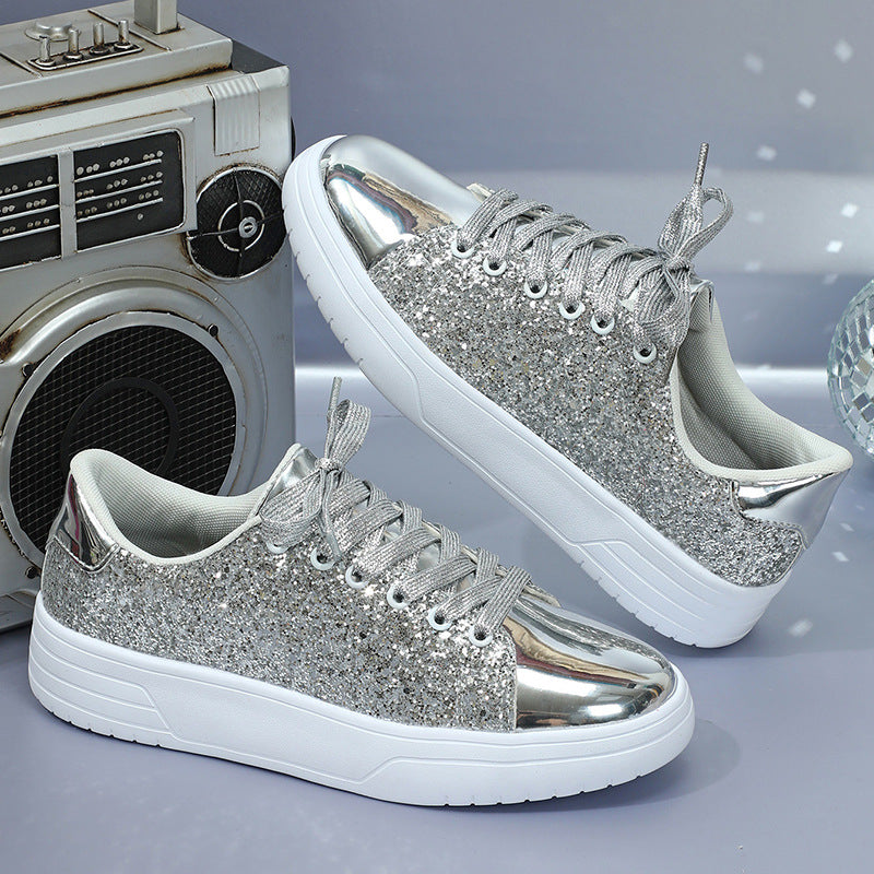 Glitter Sequin Design Trendy Casual Thick-soled Lace-up Sneakers