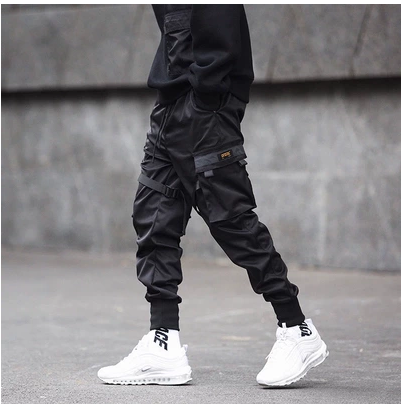 Men Black Cargo Elastic Waist Jogger Trousers Pants