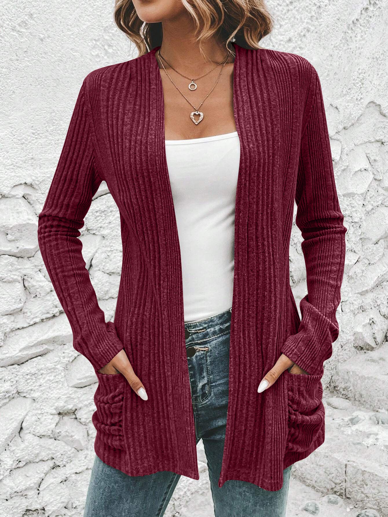 Long Sleeve Solid Color Mid-length Women Knitted Cardigan Sweater