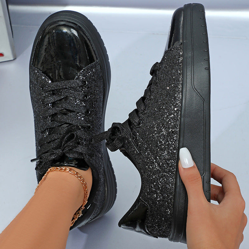 Glitter Sequin Design Trendy Casual Thick-soled Lace-up Sneakers