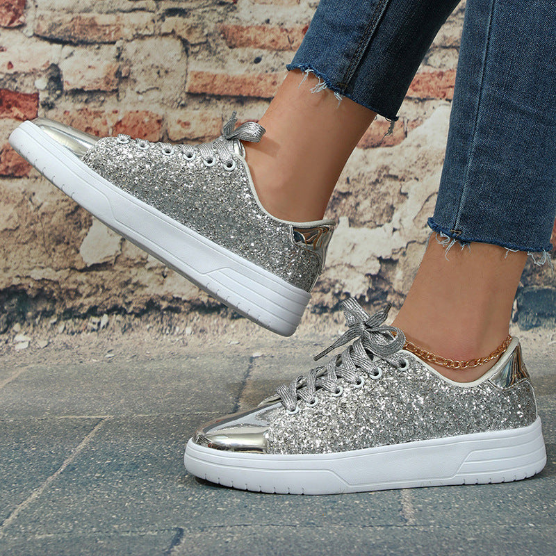 Glitter Sequin Design Trendy Casual Thick-soled Lace-up Sneakers