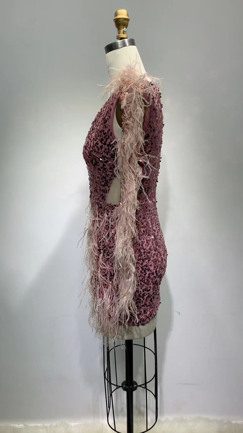 Slimming Long Sleeves Sequined Low-cut Tight-fitting High-end Feather Dress