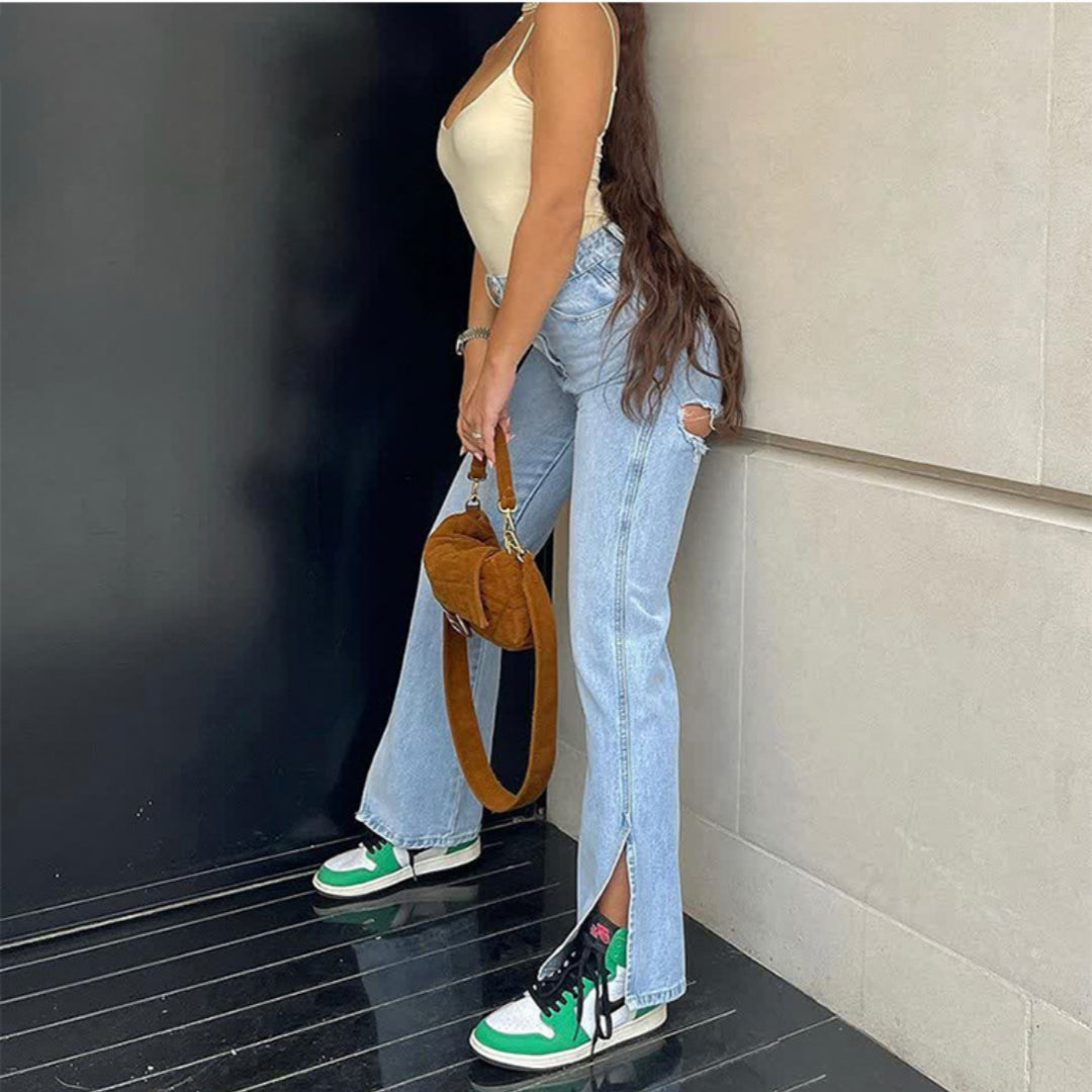 Women High Waist Stretch Ripped Hem Slit Denim