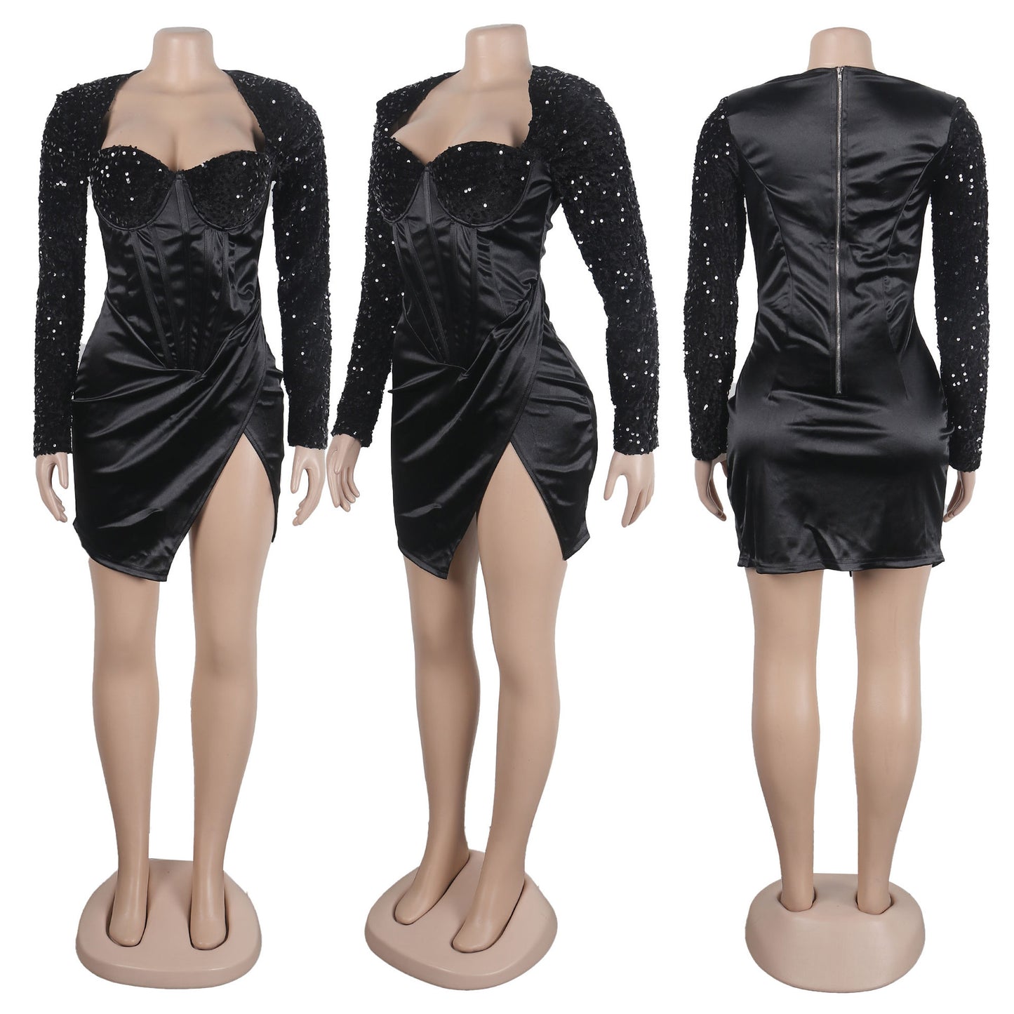 Slim Fit Square-cut Collar Tight Stretch Sequins Dress