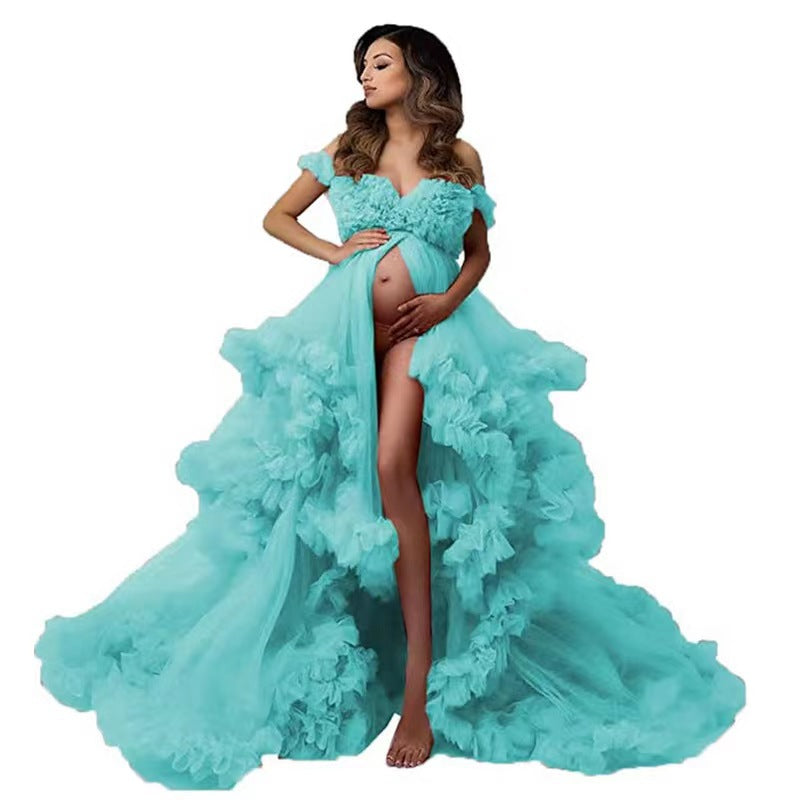 Pregnant Mom One Shoulder Mesh Photography Dress