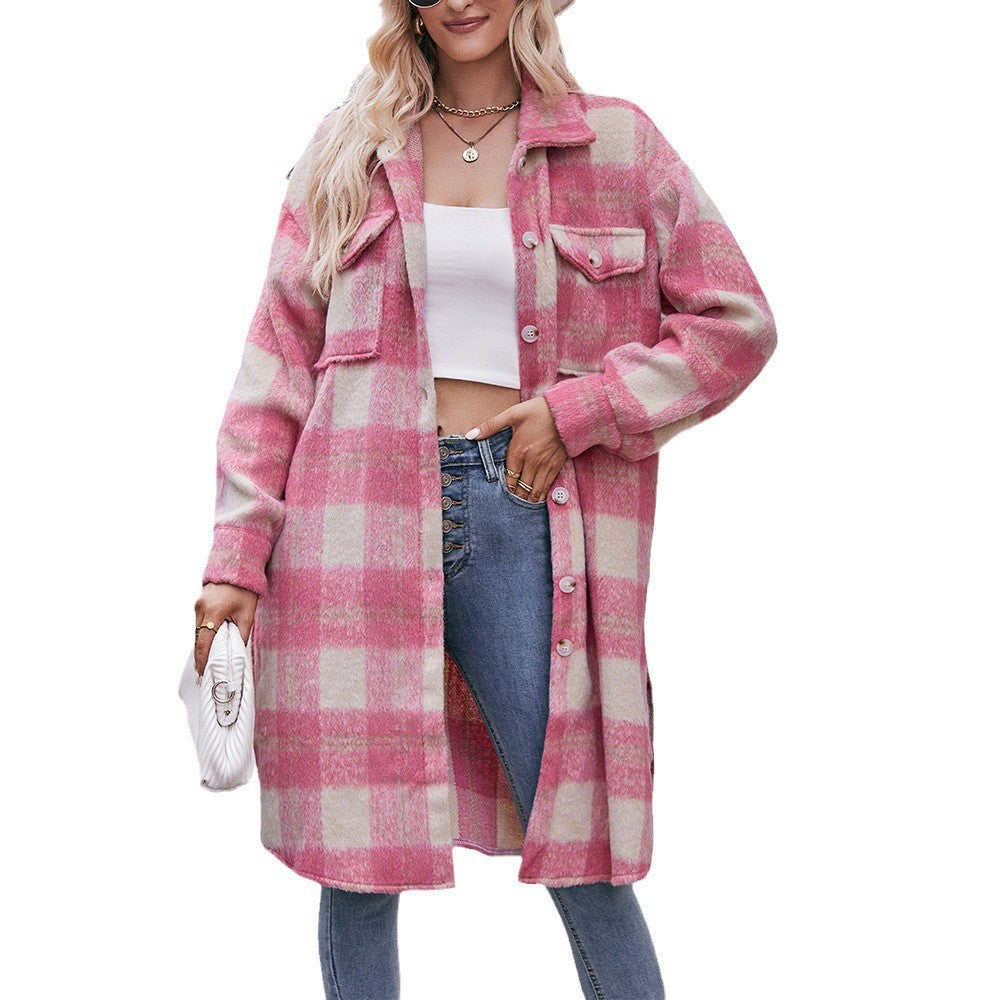 Printed Mid-length Coat Mohair Plaid Wool Coat