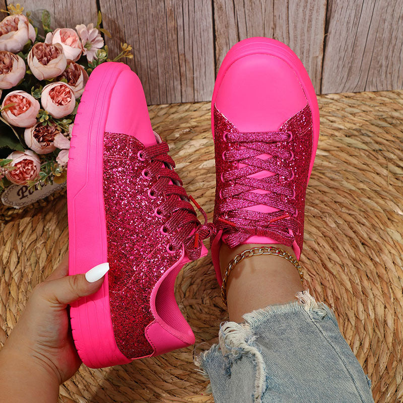 Glitter Sequin Design Trendy Casual Thick-soled Lace-up Sneakers