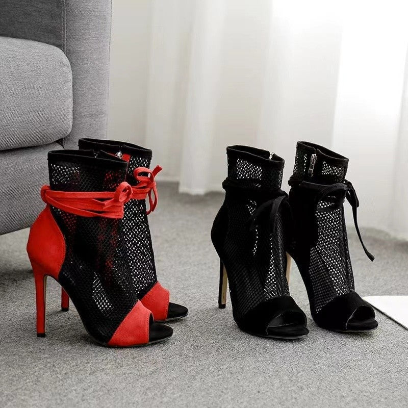 Fish Mouth Splicing Hollowed Out Simple Bow High Heels Side Zipper Boots