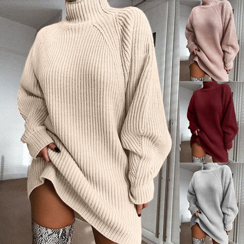 Solid Turtleneck Long Winter Sweater Dress
