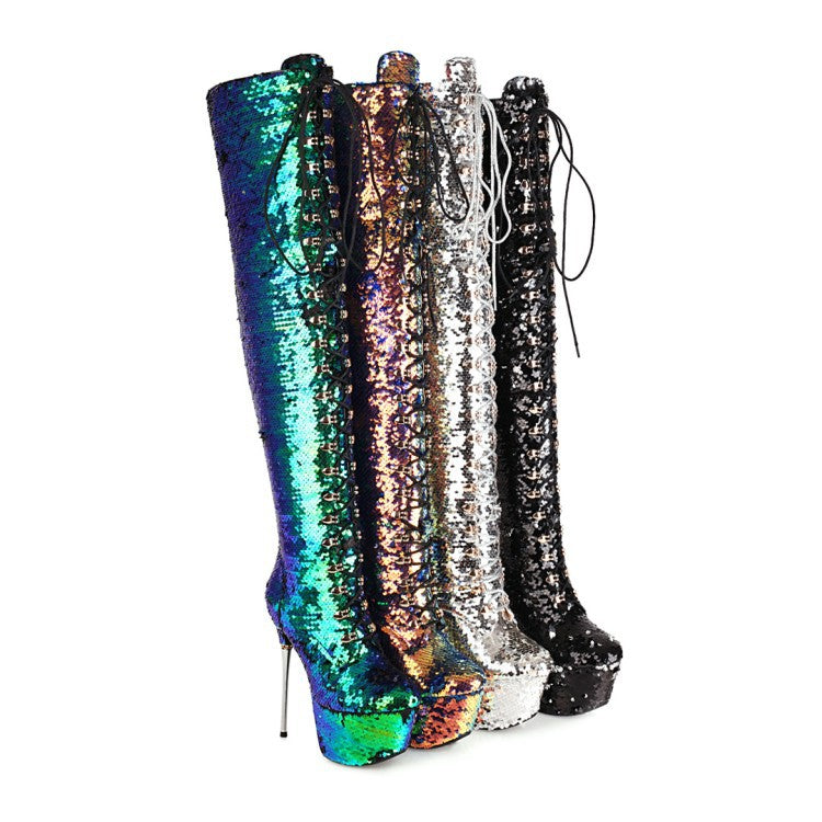 Super High Heels Stiletto Over-the-knee Boots Sequined Prism Boots