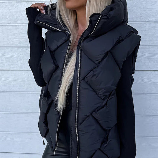Solid Color Warm Hooded Vest Zipper Coat