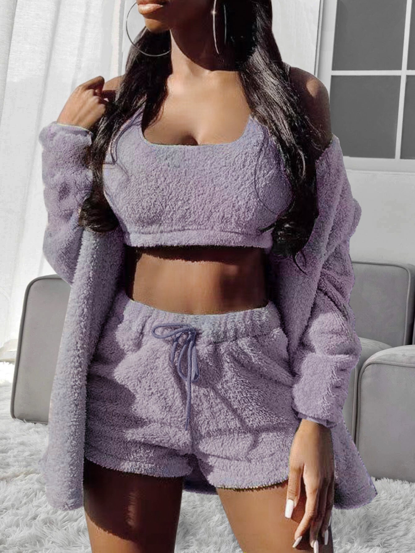 3pcs Solid Color Double-sided Plush Warm Thickened Hooded Set