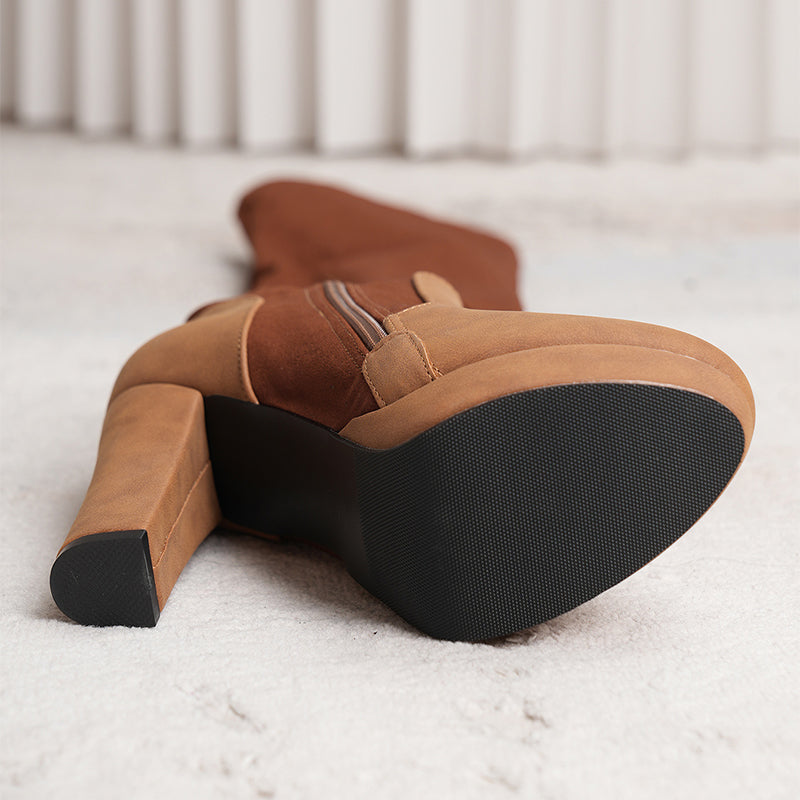 Women Elastic Suede High Square Heel Over-the-knee Boots