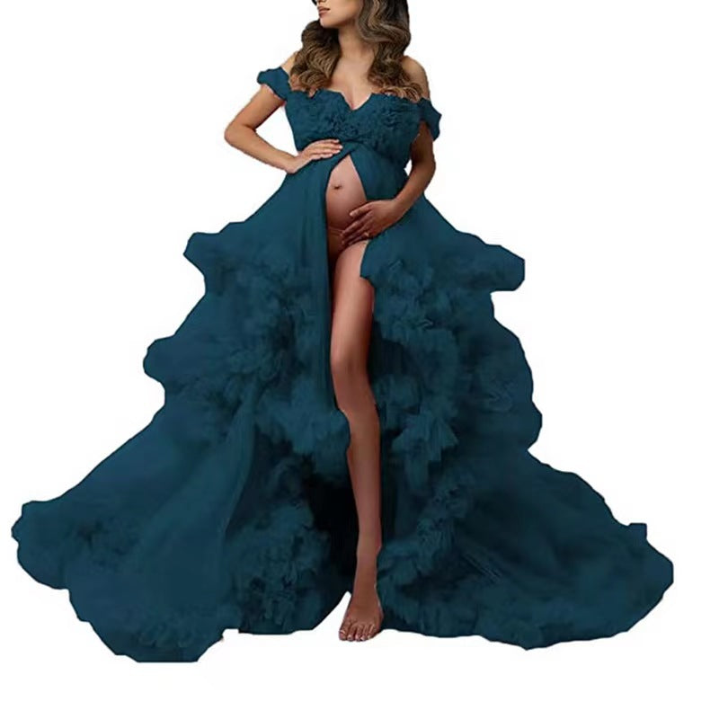 Pregnant Mom One Shoulder Mesh Photography Dress