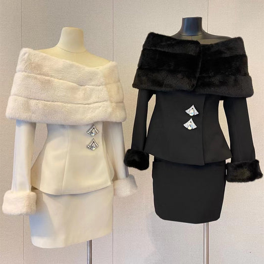 Fashionable Socialite Temperament Off-shoulder Fur Short Coat Skirt