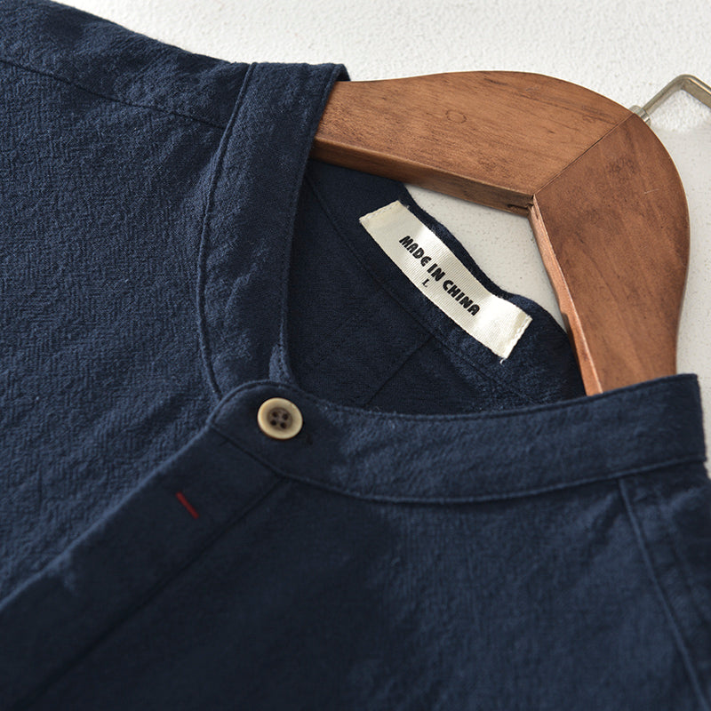 Men's Stand Collar Ice Silk Linen Short Sleeve T-shirt