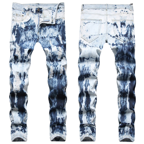 Men’s High Quality Tie-dyed Blue Jeans Slim-fit Ripped Jeans