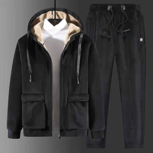 Male Thick Fleece Hooded Sport Zipper Tracksuit