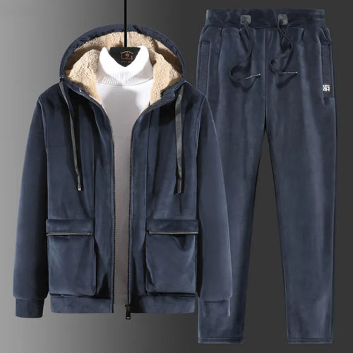 Male Thick Fleece Hooded Sport Zipper Tracksuit