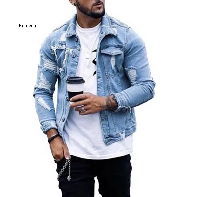 Men Denim Hole Ripped Jeans Jacket