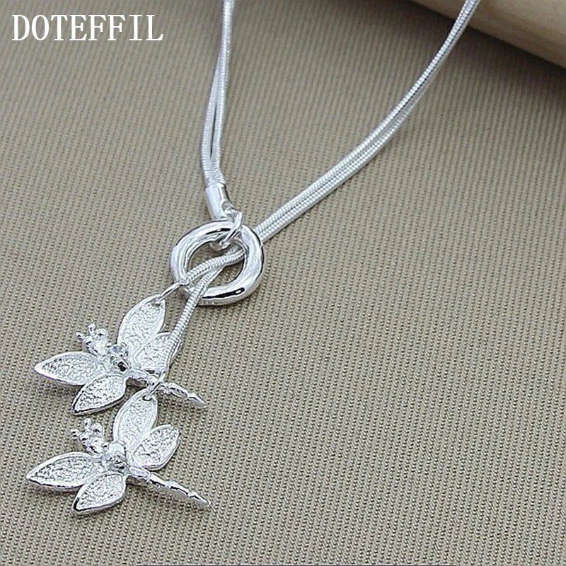 925 Sterling Silver Two Dragonfly Pendant Necklace