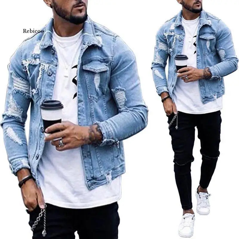 Men Denim Hole Ripped Jeans Jacket