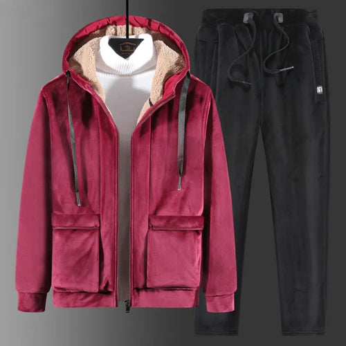 Male Thick Fleece Hooded Sport Zipper Tracksuit