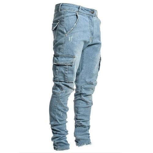 Black Big Side Pockets Stretch Cargo Jeans